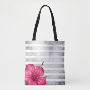 Bolsa Tote Flor rosa com aquarela em uma faixa branca e preta
