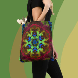 Bolsa Tote Flor Verde Azul e Vermelho, Flor Mandala Psicodéli