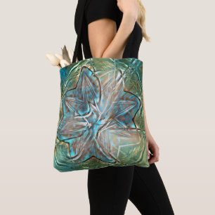 Bolsa Tote Flor verde brilhante e azul na textura da garoa de