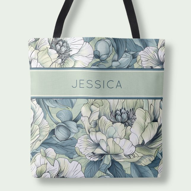 Bolsa Tote Flor Verde Elegante Nome Botânico Flor (Elegant Green Floral Name Botanical Sage Flowers Tote Bag)