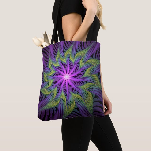 Bolsa Tote Flor Verde Roxo, Abstrato, Arte Fractal (Close Up)