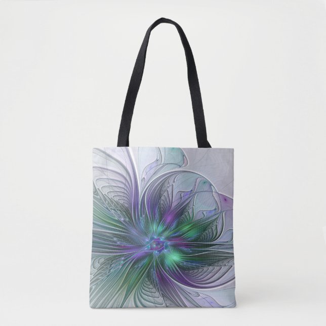 Bolsa Tote Flor Verde Roxo Moderna Abstrato de Arte Fractal (Frente)