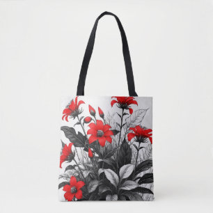 Bolsa Tote Flor Vermelha Na Planta Branca Preta