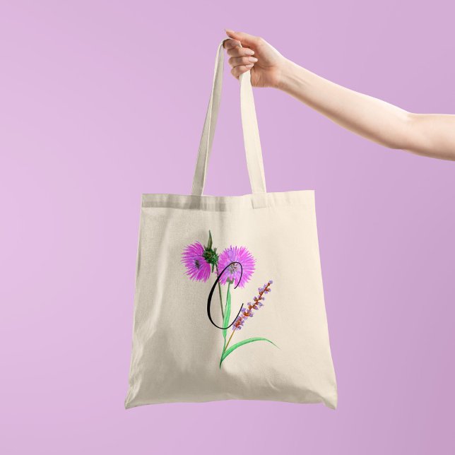 Bolsa Tote Flor violeta em aquarela com sua inicial 1 lado (Criador carregado)