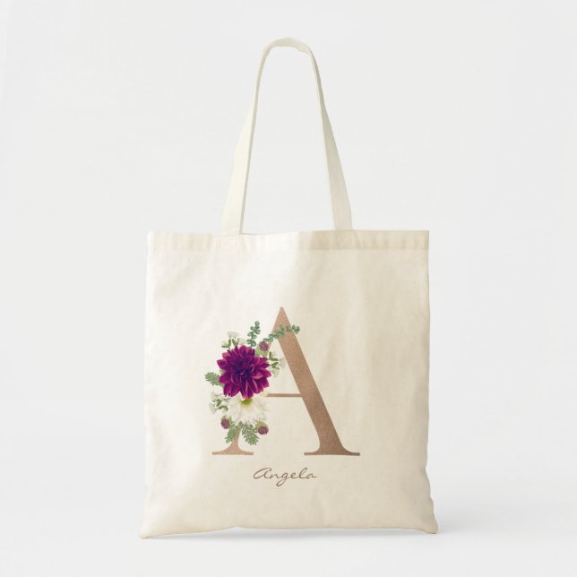 Bolsa Tote Flora Buquê Monograma - Letra A Bridesmaid (Frente)