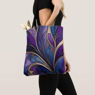 Bolsa Tote Floração Majestosa - Roxo Fundo e Azul Abstrato