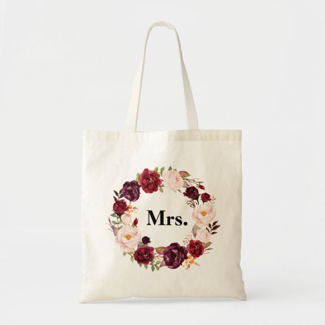 Bolsa Tote florais bordô MRS. noiva (Frente)