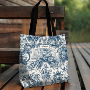 Bolsa Tote Florais chic vintage monograma azul toile de jouy