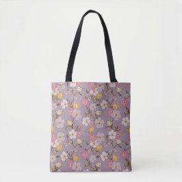 Bolsa Tote Florais e Aves de Trilha Branca - Lavanda