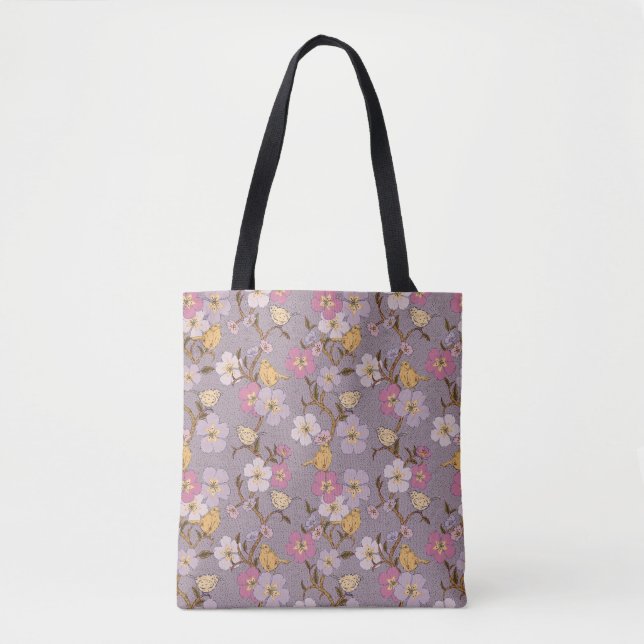Bolsa Tote Florais e Aves de Trilha Branca - Lavanda (Frente)