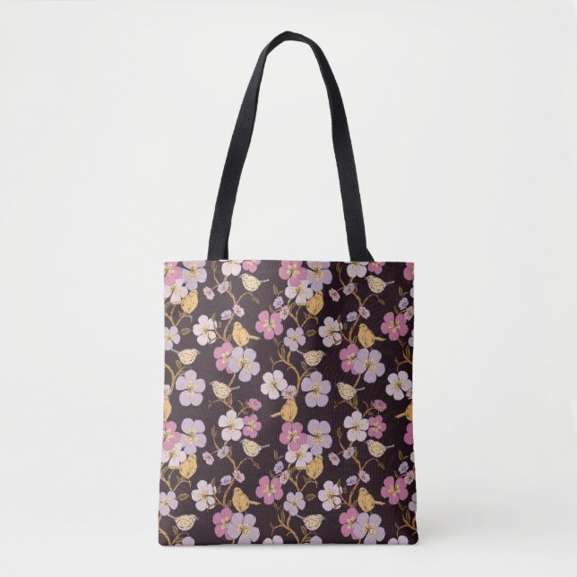 Bolsa Tote Florais e Pássaros de Reboque Whimsical - Preto/Ve (Frente)