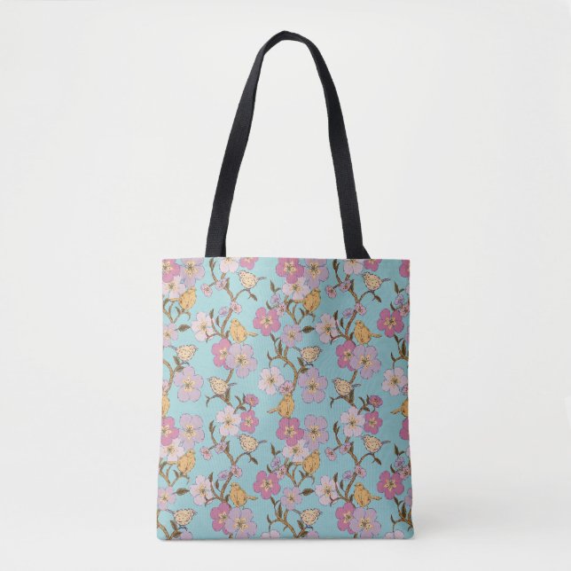 Bolsa Tote Florais e Pássaros de Reboque Whimsical - Turquesa (Frente)
