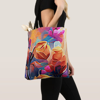 Bolsa Tote Floral Abstrato Art Laranja Vermelho Azul Flores