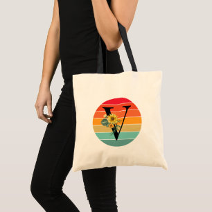 Bolsa Tote Floral Alfabeto V Retro Sunset Monograma Token Bag