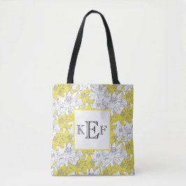 Bolsa Tote Floral Amarelo e Cinza Branco Monogramado  