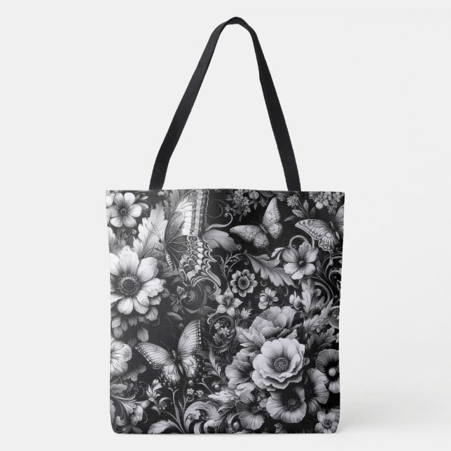Bolsa Tote Floral Antiquado Monocromático com Borboletas (Frente)