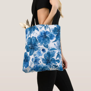 Bolsa Tote Floral Aquarela Azul Elegante