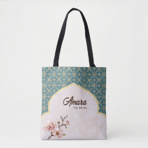 Bolsa Tote Floral Arabesco Elegante Verde-Azul e