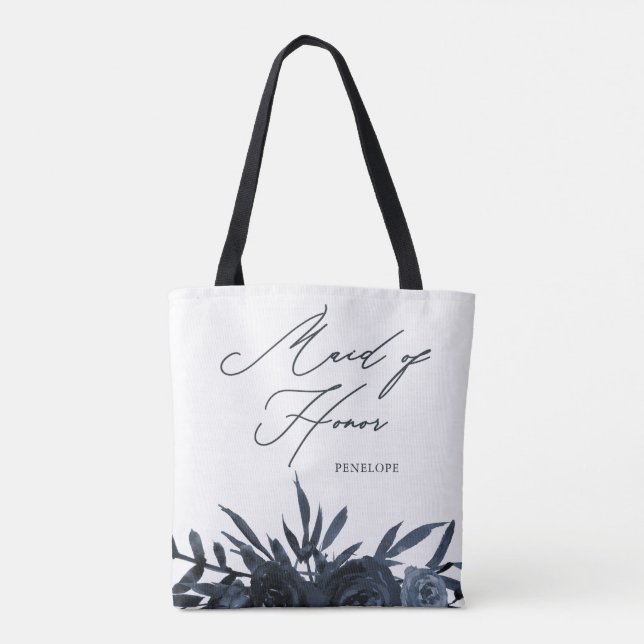 Bolsa Tote Floral Azul com Script de Madrinha de casamento (Verso)