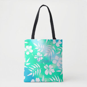 Bolsa Tote Floral Azul e Verde Aloha Hibiscus