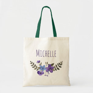 Bolsa Tote Floral Azul Roxo com Nome
