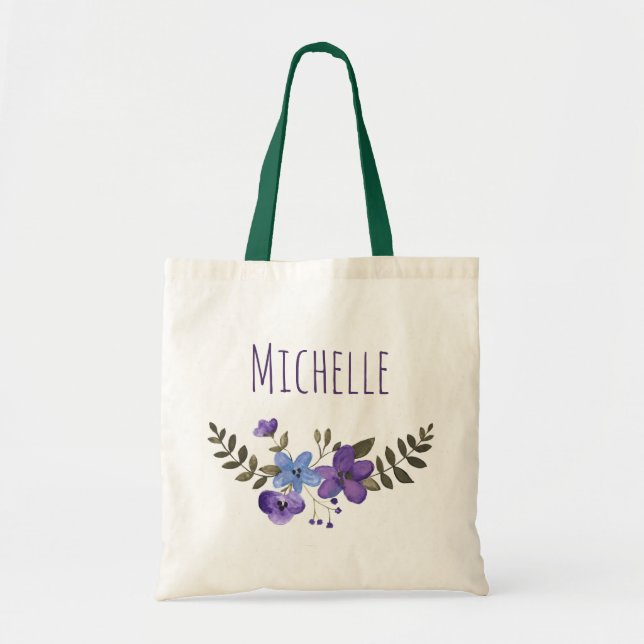 Bolsa Tote Floral Azul Roxo com Nome (Frente)