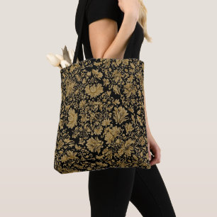 Bolsa Tote Floral Barroco Dourado Sobre Preto