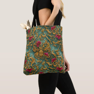 Bolsa Tote Floral Barroco Esmeralda com Ornamentos Dourados