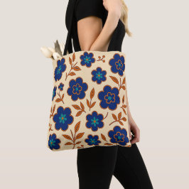 Bolsa tote floral bege e azul Boho