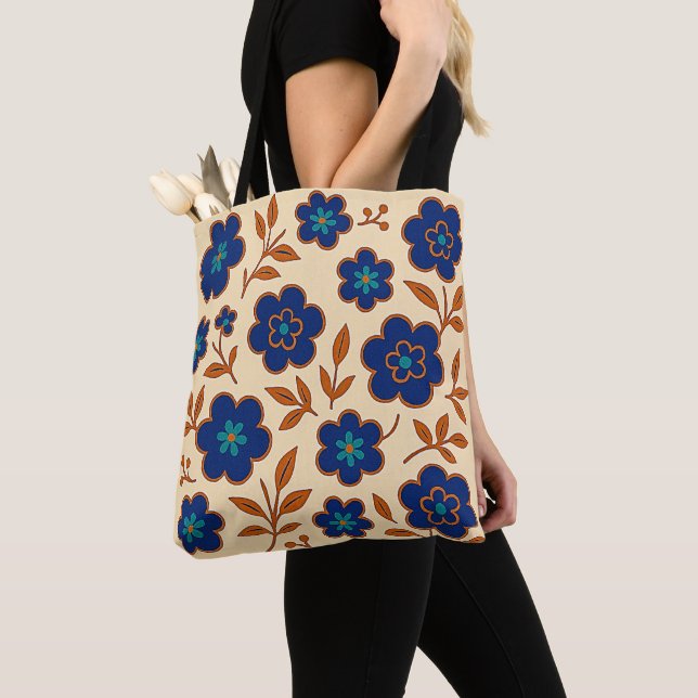 Bolsa tote floral bege e azul Boho (Close Up)