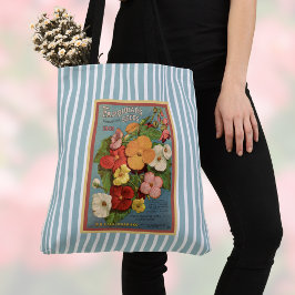 Bolsa Tote Floral Begonias Pink 1902 Seed Packet Blue Stripes