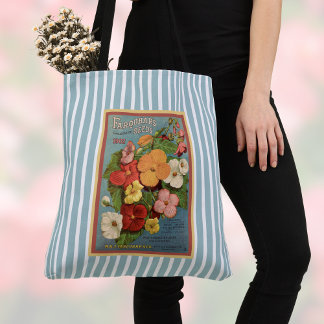 Bolsa Tote Floral Begonias Pink 1902 Seed Packet Blue Stripes
