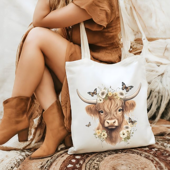 Bolsa Tote Floral Boho Highland Cow Butterfly Whimy (Criador carregado)