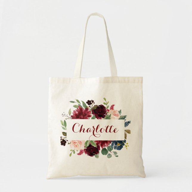 Bolsa Tote Floral Borgonha para Damas de Honra (Frente)