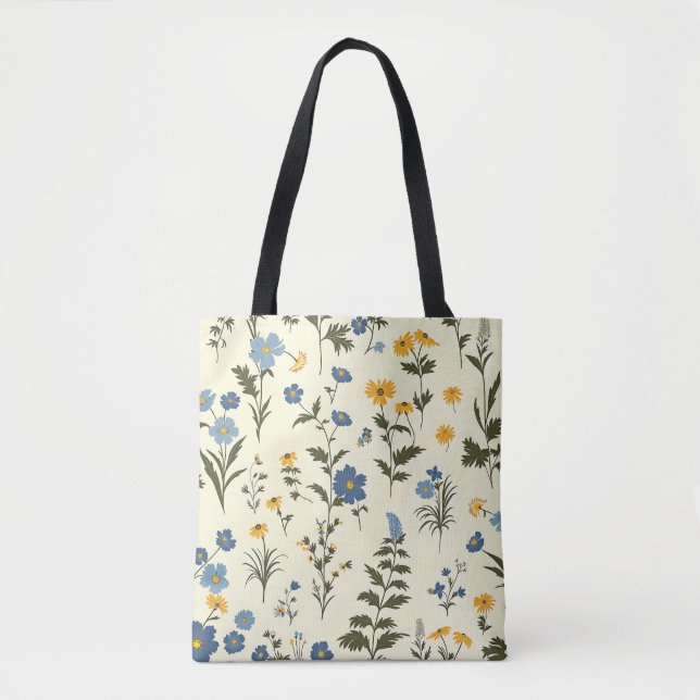 Bolsa Tote Floral Botânico Azul-Cinto-Na moda elegante (Frente)