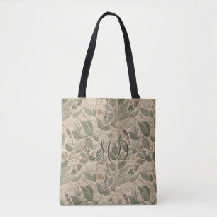 Bolsa Tote Floral Botânico Cottagecore Vintage Verde Sage