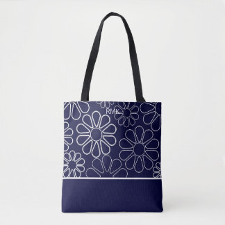 Bolsa Tote Floral Branco e Azul Monograma