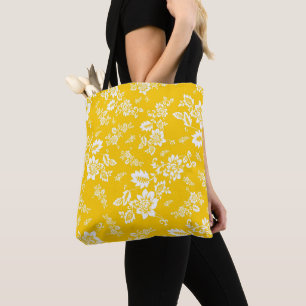 Bolsa Tote Floral Branco em Fundo Amarelo de Primavera