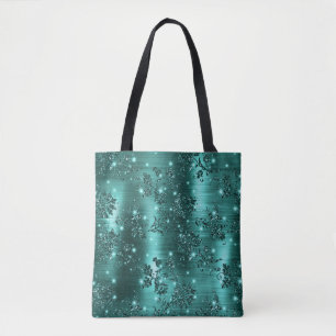 Bolsa Tote Floral Brilhante e Glitter em Teal Elegante e Folh
