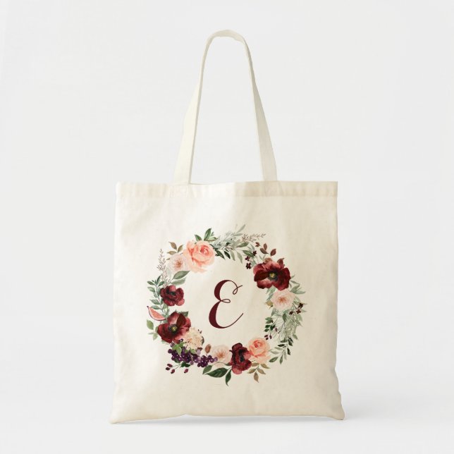 Bolsa Tote Floral Burgundy Blush Greenery Wreath (Frente)