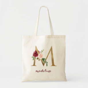 Bolsa Tote Floral Burgundy Blush Monograma Dourado Letra "M"