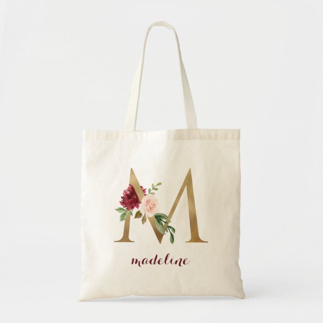 Bolsa Tote Floral Burgundy Blush Monograma Dourado Letra "M" (Frente)