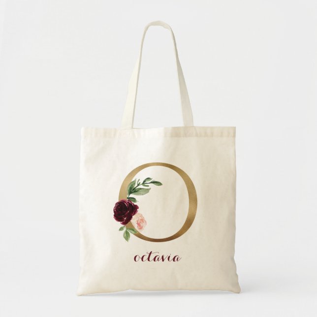 Bolsa Tote Floral Burgundy Blush Monograma Dourado Letra "O" (Frente)