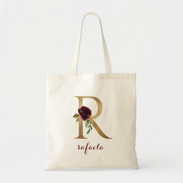 Bolsa Tote Floral Burgundy Blush Monograma Dourado Letra "R" (Frente)