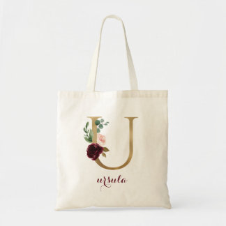 Bolsa Tote Floral Burgundy Blush Monograma Dourado Letra "U"