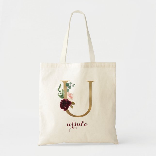 Bolsa Tote Floral Burgundy Blush Monograma Dourado Letra "U" (Frente)