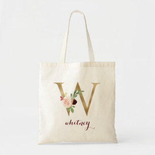 Bolsa Tote Floral Burgundy Blush Monograma Dourado Letra "W"