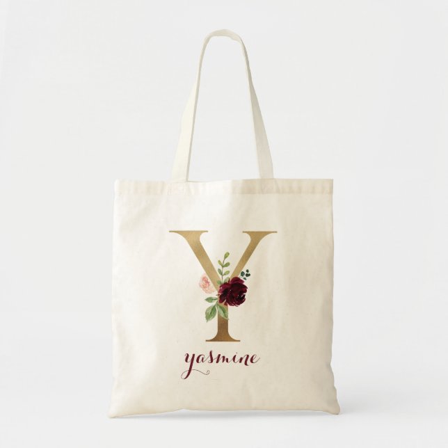 Bolsa Tote Floral Burgundy Blush Monograma Dourado Letra "Y" (Frente)