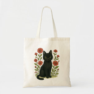 Bolsa Tote Floral com Gato Preto Fofo