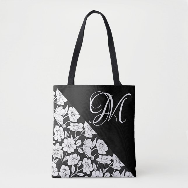 Bolsa Tote “Floral com Inicial M em Branco” (Frente)